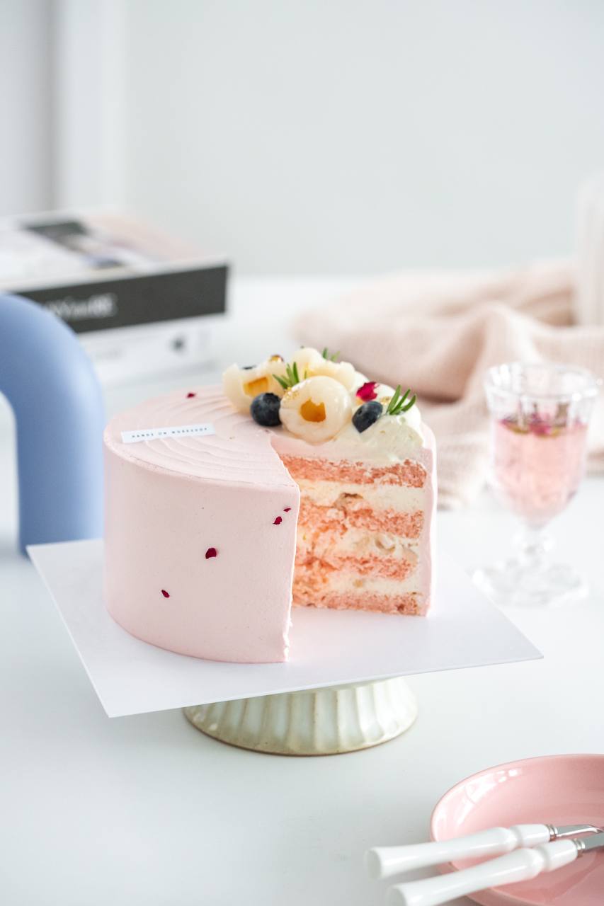 Loving Creations for You: Lychee Raspberry Strawberry Rose Chiffon Cake  with Diplomat Cream and Lychee Jelly